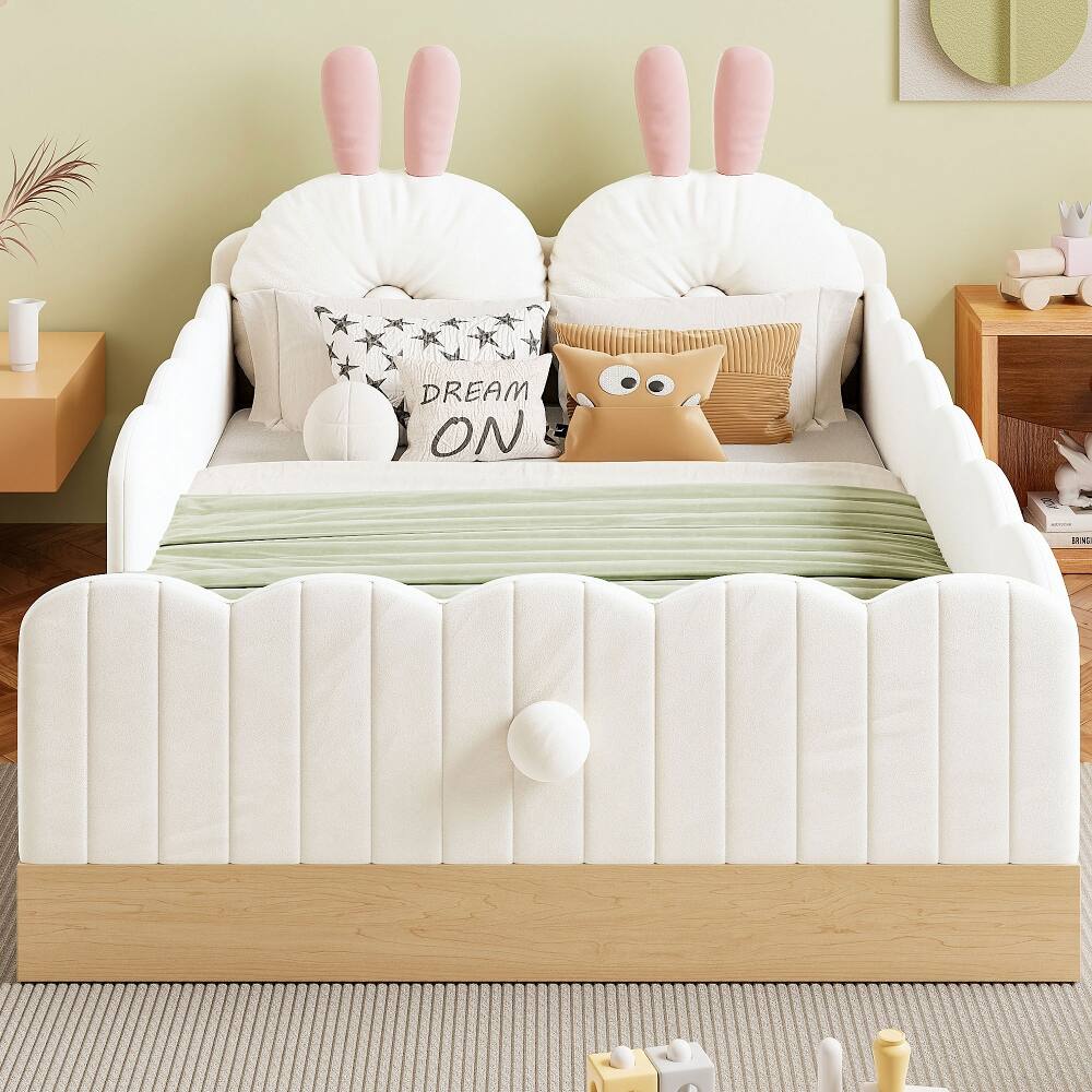 Left. Loheer - Loheer Twin Size Upholstered Platform Bed Beige Velvet Kids Bed with Storage Bags Animal Pillows No Box Spring Required - Beige.
