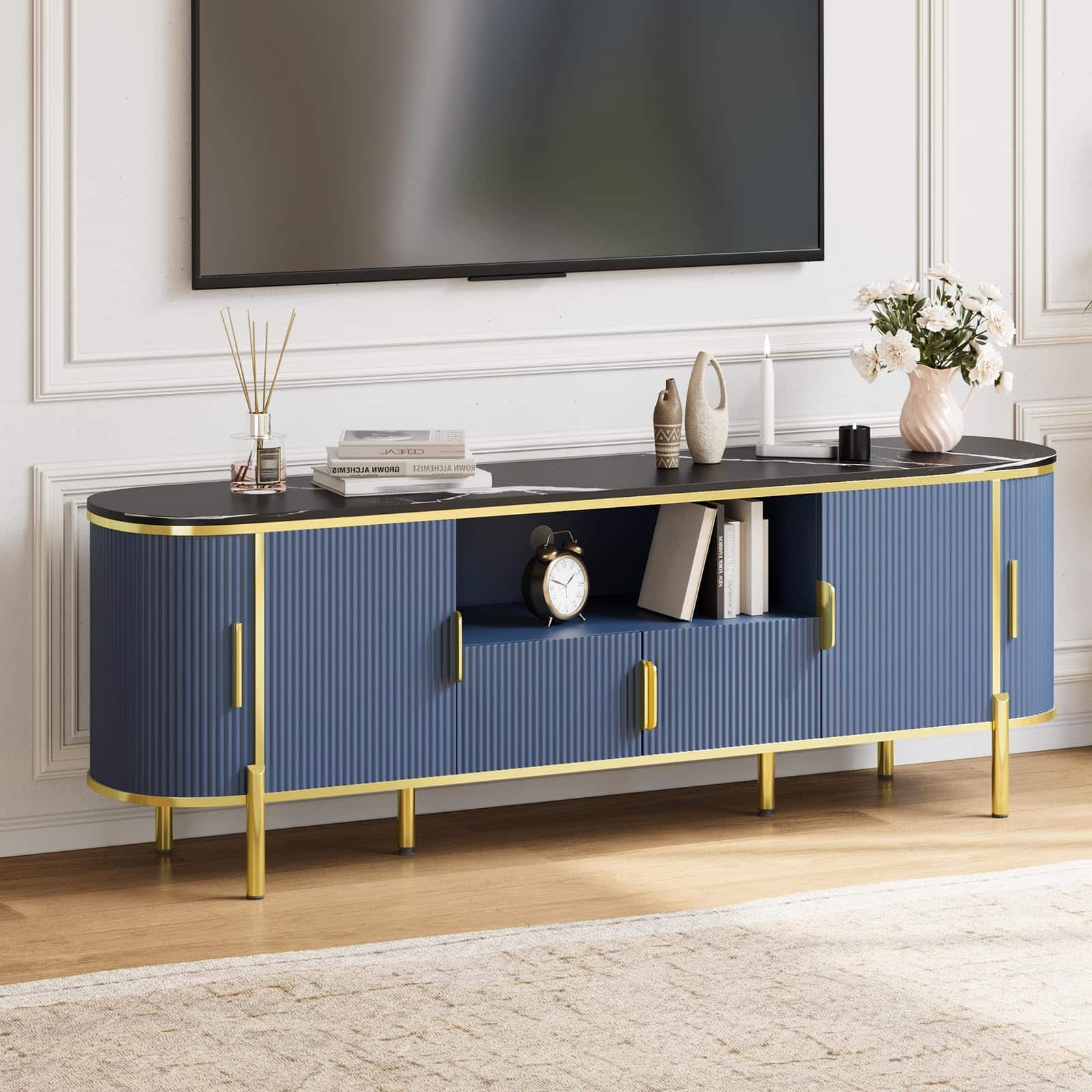 Qeetex - 70" Fluted TV Stand for TVs up to 80", Faux Marble Top, Adjustable Shelves, Sliding Doors, Gold Accents - Blue