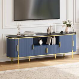 Qeetex - 70" Fluted TV Stand for TVs up to 80", Faux Marble Top, Adjustable Shelves, Sliding Doors, Gold Accents - Blue