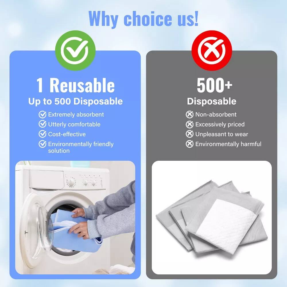 Why choose us!

1 Reusable  
Up to 500 Disposable  
- Extremely absorbent  
- Utterly comfortable  
- Cost-effective  
- Environmentally friendly solution  

500+ Disposable  
- Non-absorbent  
- Excessively priced  
- Unpleasant to wear  
- Environmentally harmful