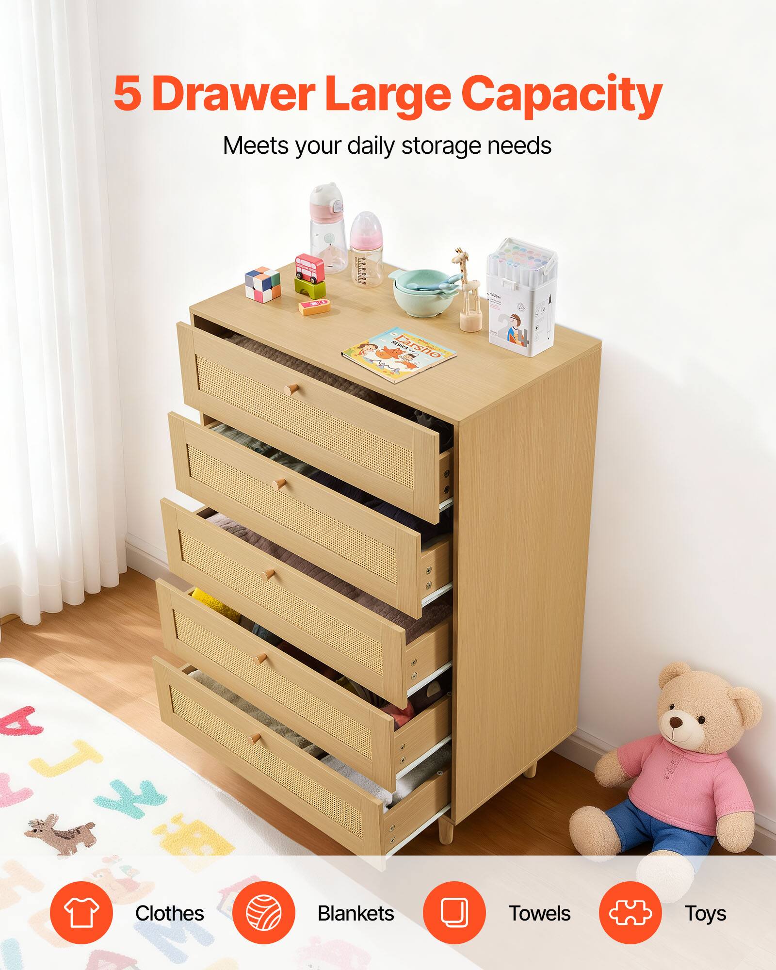 5 Drawer Large Capacity  
Meets your daily storage needs  

Clothes  
Blankets  
Towels  
Toys