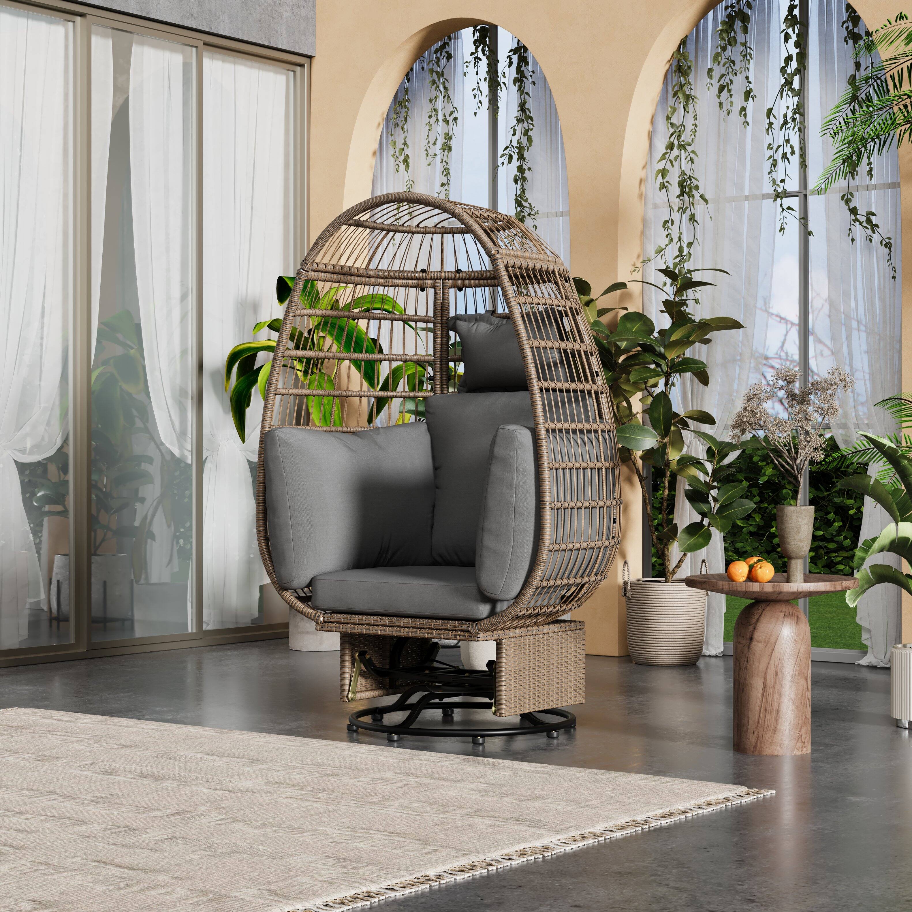 Left. Tiramisubest - Outdoor Swivel Chair with Cushion,Egg Patio Rocking Chair for Balcony,Poolside,Garden (Natural Wicker + Grey Cushion) - Natural+Grey.
