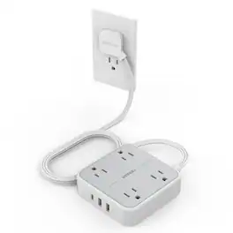 TESSAN - 5 Ft Power Strip Surge Protector 900J, Flat Plug Extension Cord with 4 Outlets and 3 USB Ports (1 USB-C) - Gray, White