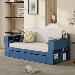 Aukfa - Full Size Daybed with Removable Desk, Storage Drawers & Hydraulic Side Table - Blue
