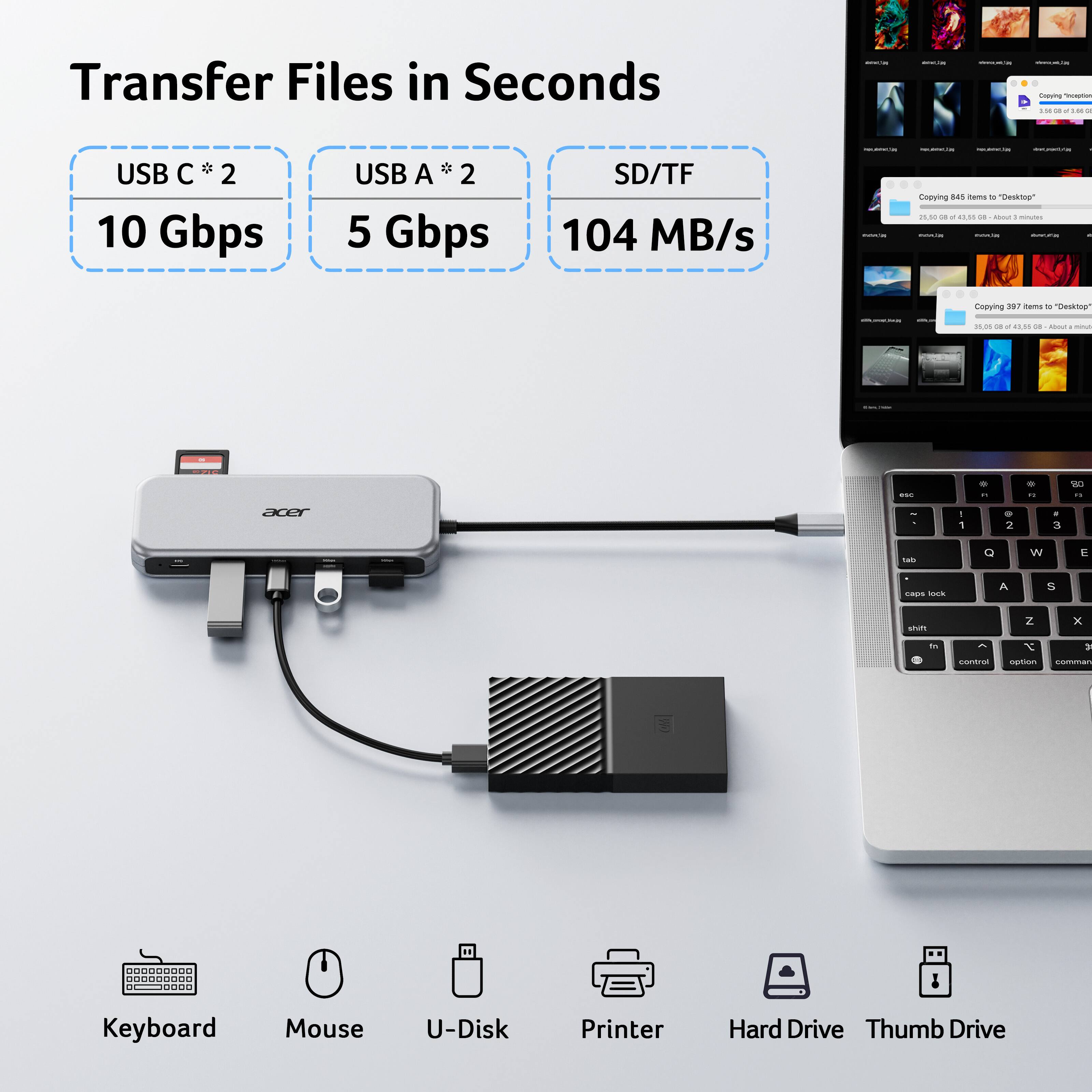Transfer Files in Seconds

- USB C * 2
  - 10 Gbps
- USB A * 2
  - 5 Gbps
- SD/TF
  - 104 MB/s

Copying 845 items to "Desktop"
25.10 GB of 43.5 GB, About 3 minutes

Copying 397 items to "Desktop"
1.00 GB of 1.45 GB, About 1 minute

Keyboard
Mouse
U-Disk
Printer
Hard Drive
Thumb Drive
