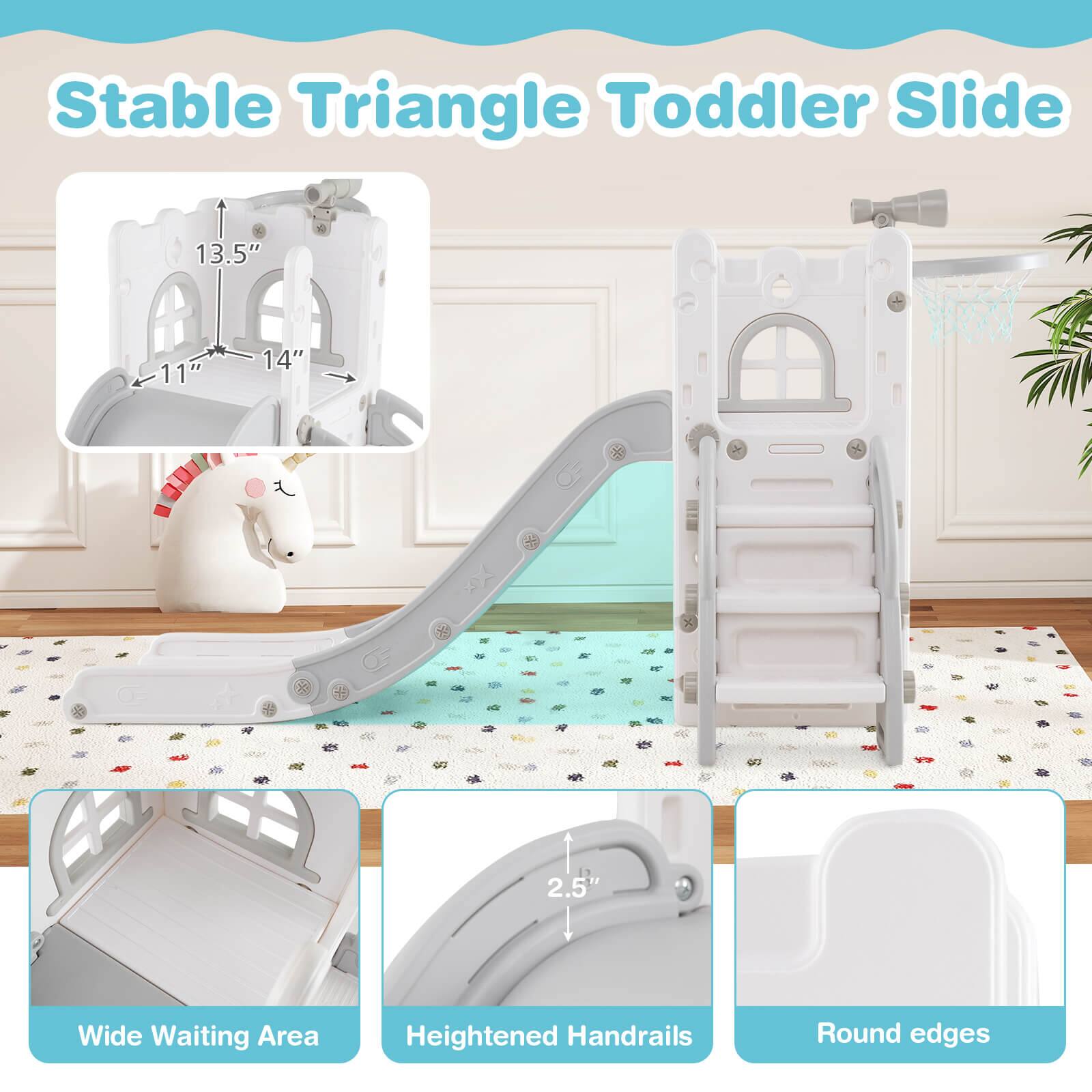Stable Triangle Toddler Slide

- 13.5" Height
- 11" Width
- 14" Length
- 2.5" Wide Waiting Area
- Heightened Handrails
- Round edges