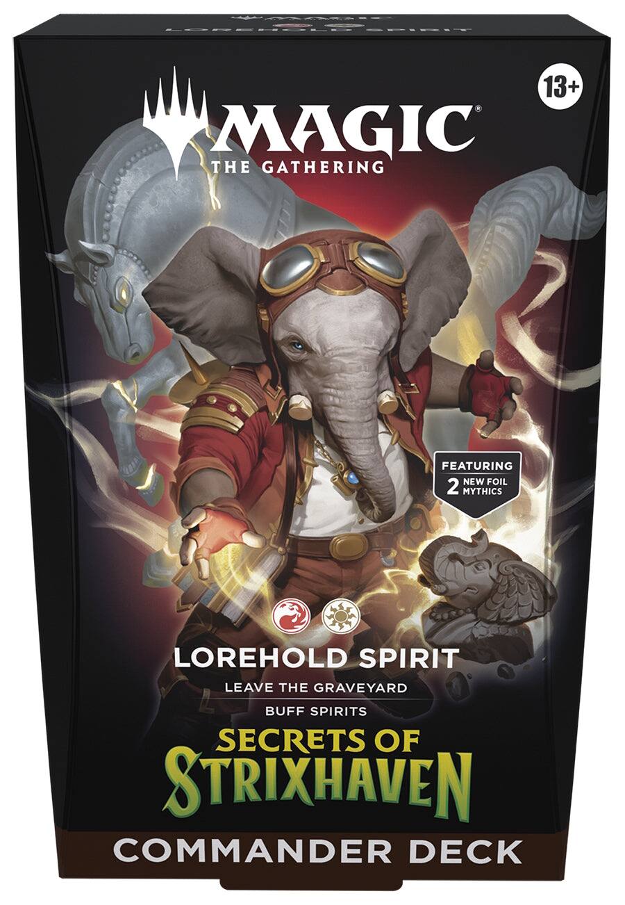 13+ MAGIC THE GATHERING  
FEATURING NEW FOIL 2 MYTHICS  
LOREHOLD SPIRIT  
LEAVE THE GRAVEYARD  
BUFF SPIRITS  
SECRETS OF STRIXHAVEN  
COMMANDER DECK