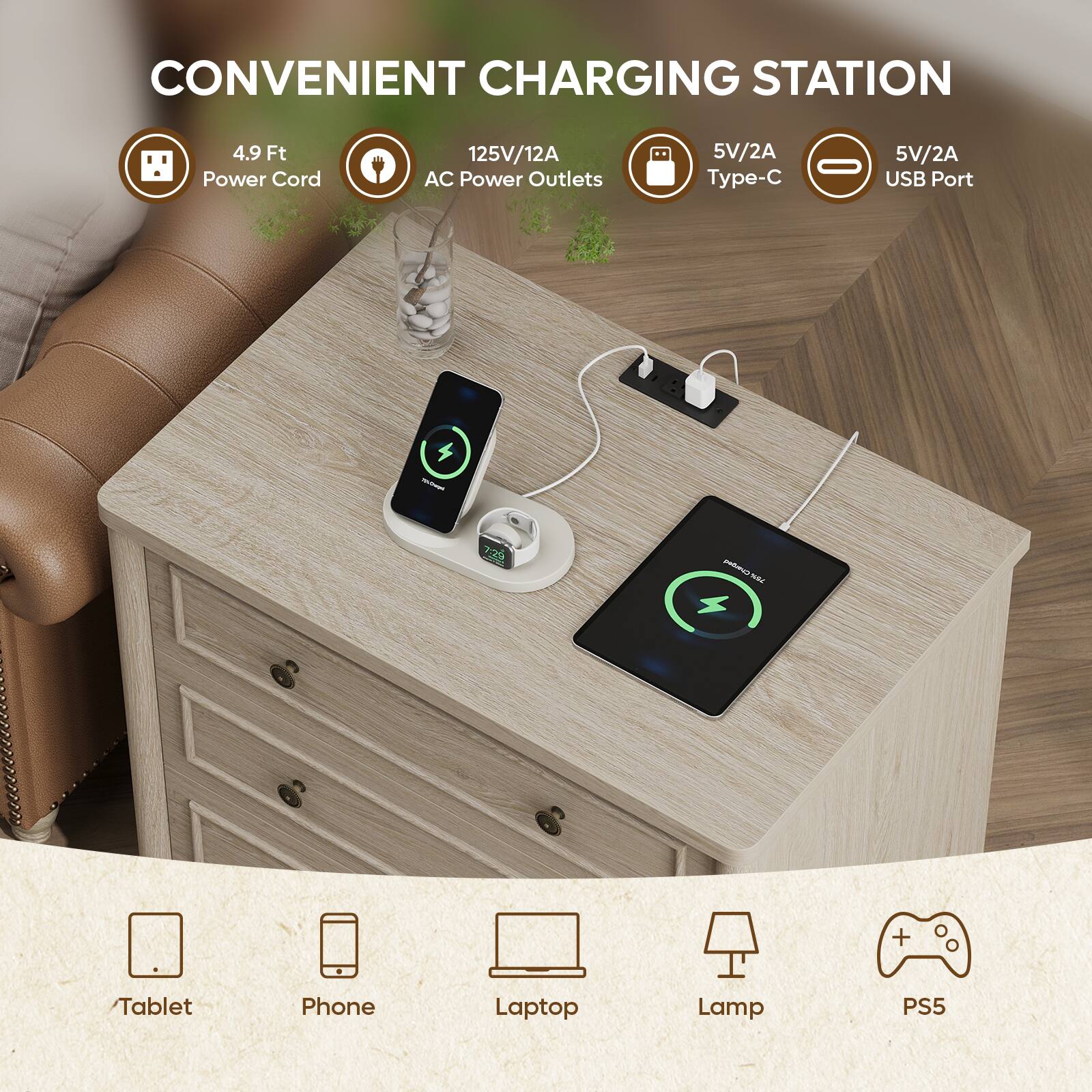 CONVENIENT CHARGING STATION

- 4.9 Ft Power Cord
- 125V/12A AC Power Outlets
- 5V/2A Type-C
- 5V/2A USB Port

Tablet, Phone, Laptop, Lamp, PS5