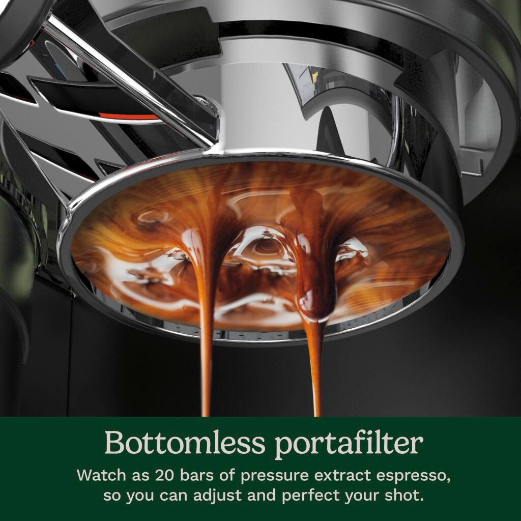 Bottomless portafilter: Watch as 20 bars of pressure extract espresso, so you can adjust and perfect your shot.
