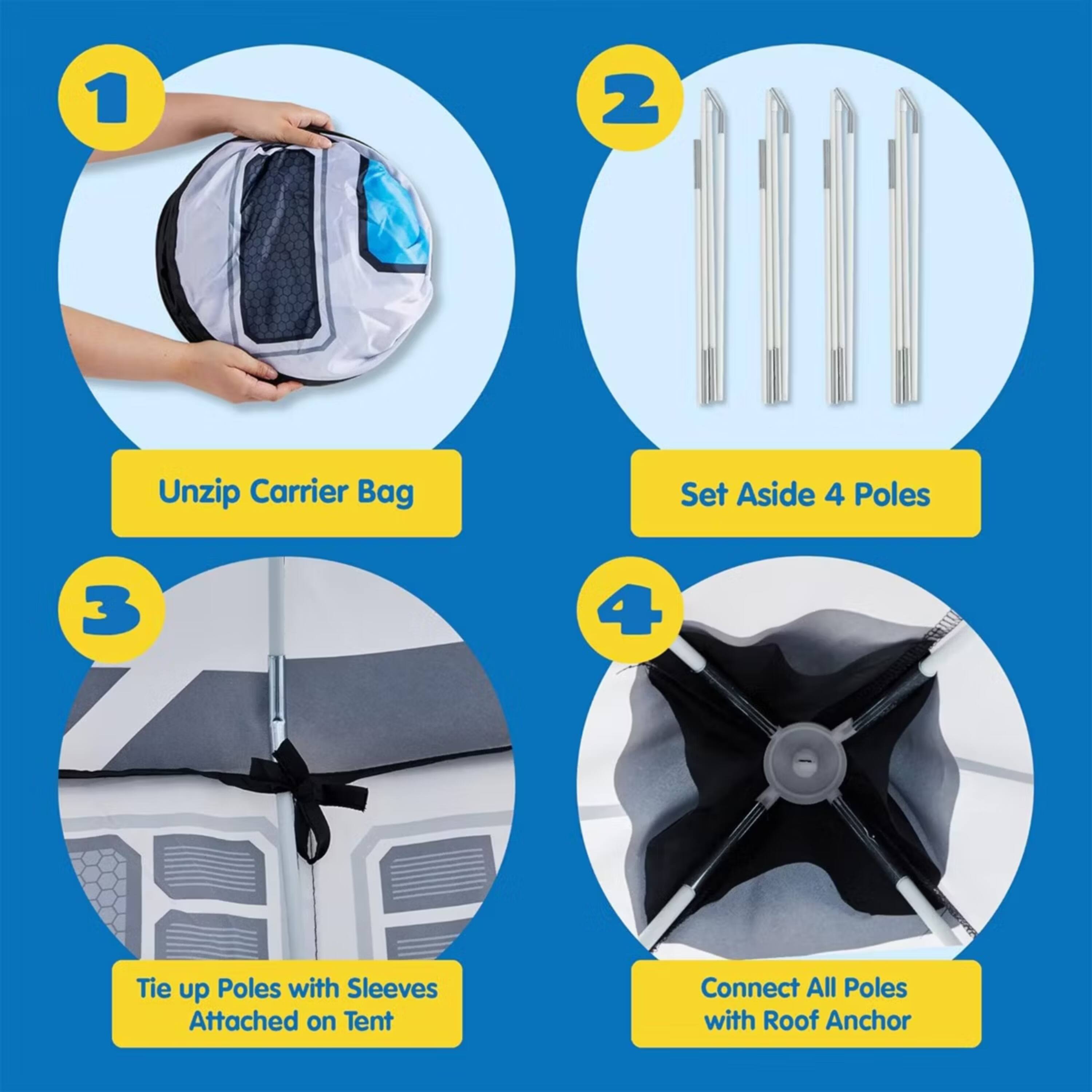 1. Unzip Carrier Bag
2. Set Aside 4 Poles
3. Tie up Poles with Sleeves Attached on Tent
4. Connect All Poles with Roof Anchor
