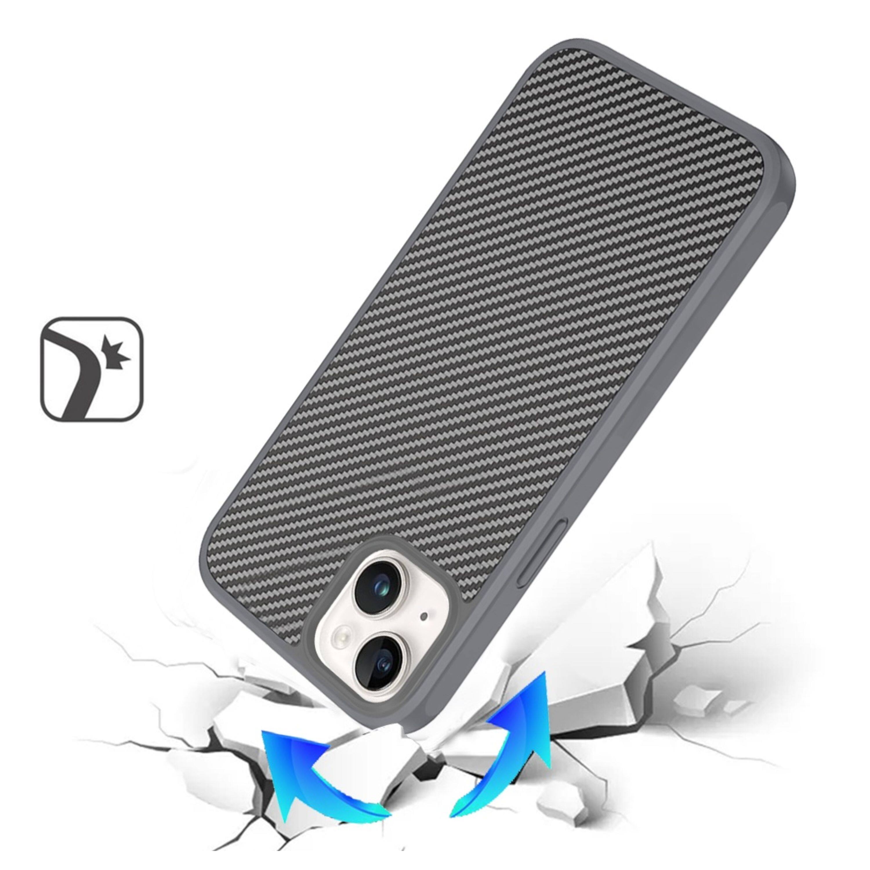 Angle. Kitcheniva - Carbon Fiber Print Hidden Magnetic Circle Phone Case With 2 Pcs Tempered Glass For iPhone 15 Grey - Grey.