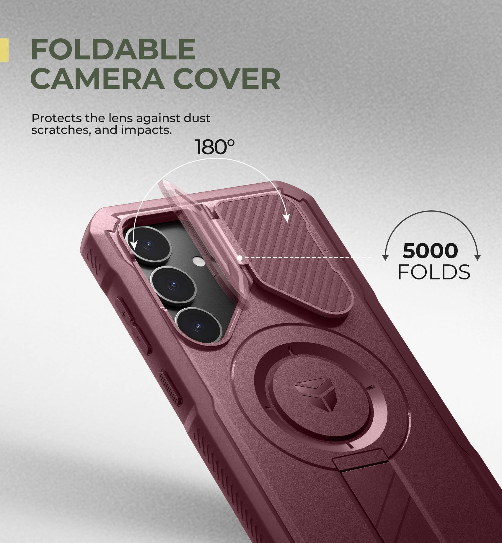 FOLDABLE CAMERA COVER
Protects the lens against dust scratches, and impacts.
180°
5000 FOLDS