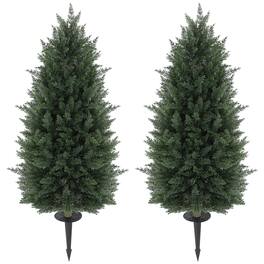Homcom - Set of 2 UV-Resistant Cedar Topiary Trees with Ground Stake, Indoor Outdoor Faux Shrubs - Green