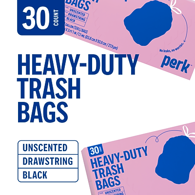 HEAVY-DUTY TRASH BAGS  
30 COUNT  
UNSCENTED  
DRAWSTRING  
BLACK  

GALLON (124L)  
13 FT x 11 IN (395.3 cm x 279.4 cm)  

No leaks, no worries  

HEAVY-DUTY TRASH BAGS  
UNSCENTED  
DRAWSTRING  
BLACK