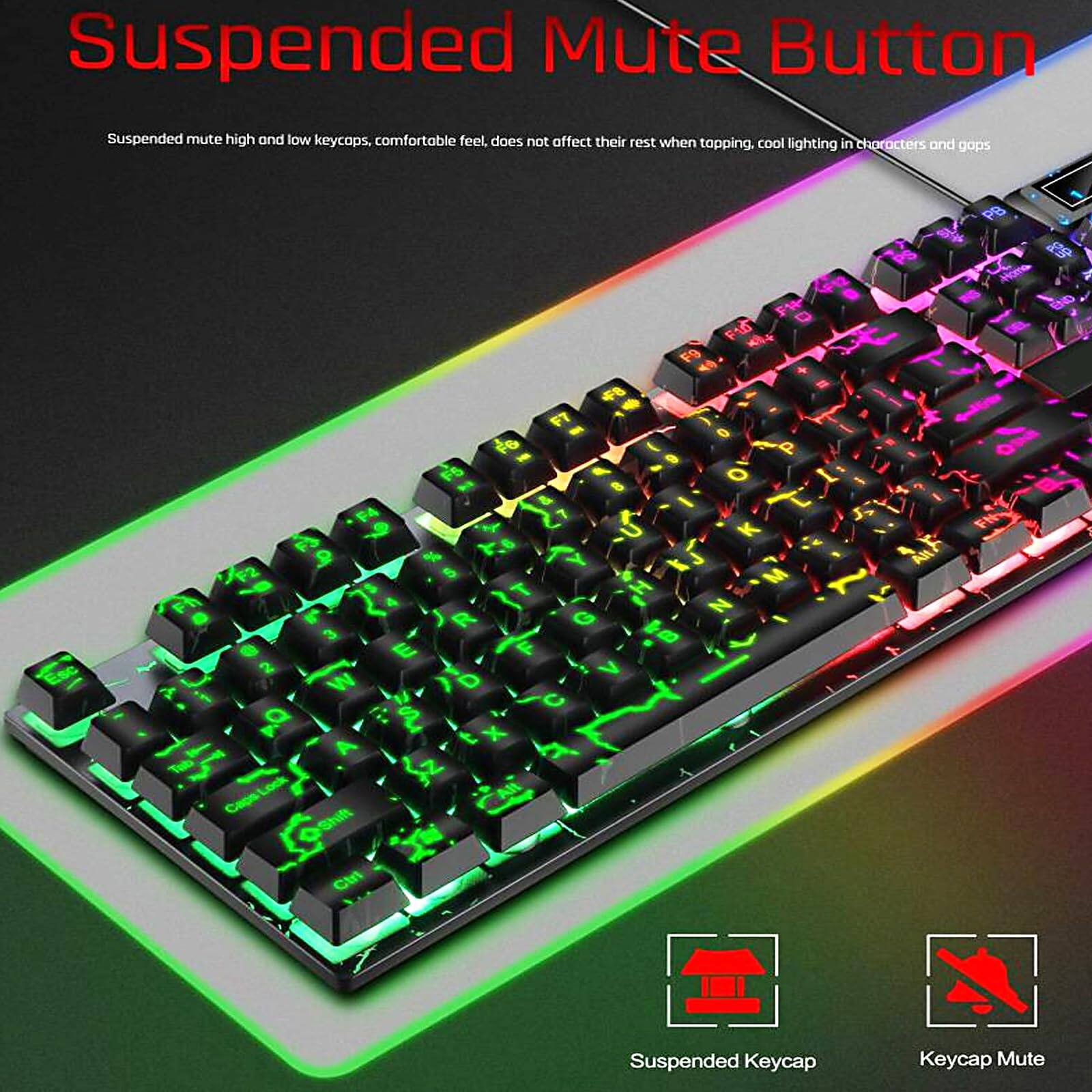 Suspended Mute Button

Suspended mute high and low keycaps, comfortable feel, does not affect their rest when tapping, cool lighting in characters and gaps

Suspended Keypad
Keypad Mute