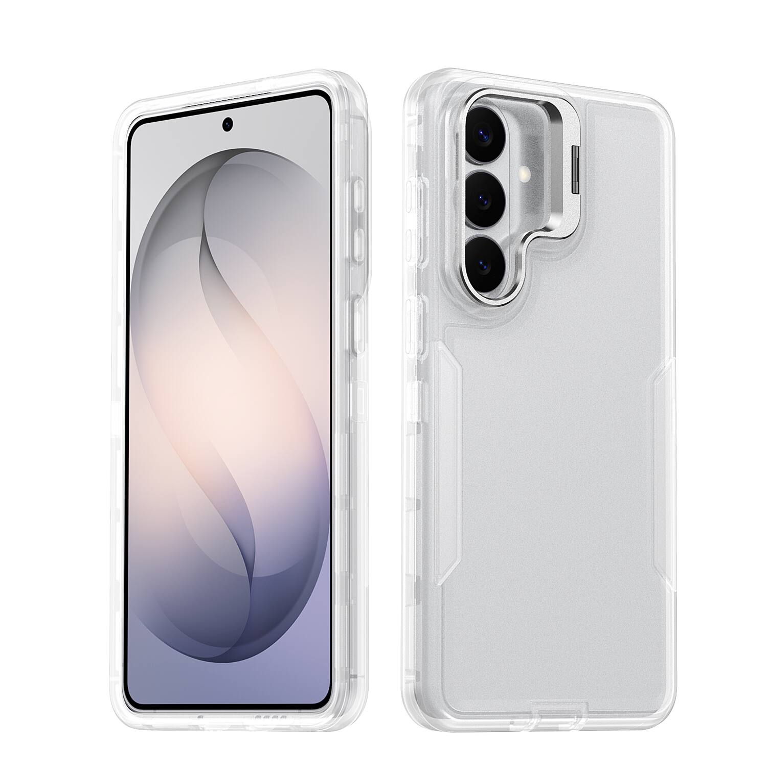 Angle. Dteck - For Samsung Galaxy S25 Rugged Case, Heavy Duty Dual Layer Shockproof Lens Kickstand Drop Protection Cover - Clear.