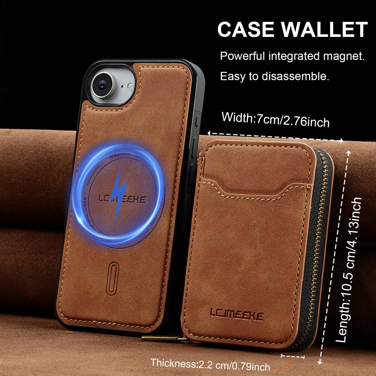 CASE WALLET  
Powerful integrated magnet.  
Easy to disassemble.  

Width: 7cm/2.76inch  
Thickness: 2.2 cm/0.79inch  
Length: 10.5 cm/4.13inch