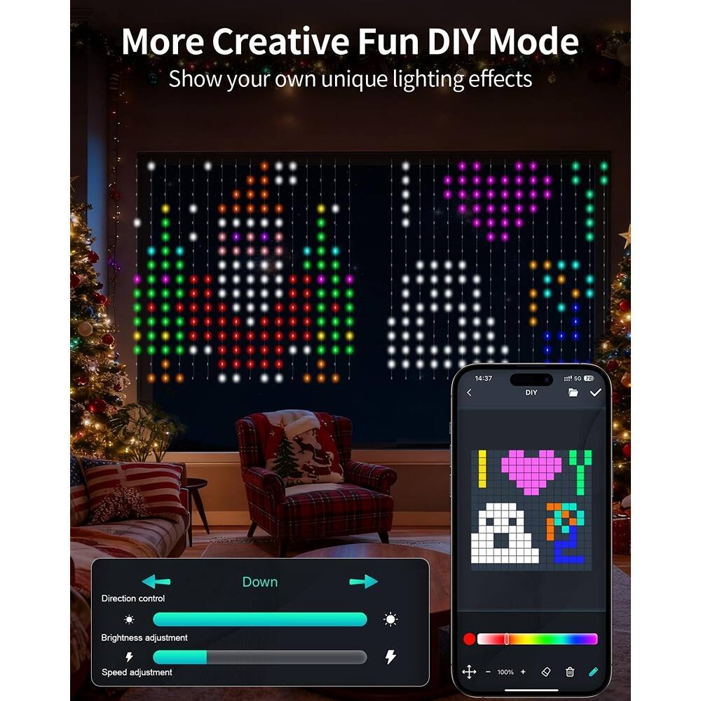 More Creative Fun DIY Mode  
Show your own unique lighting effects  

DIY Mode  
Direction control  
Brightness adjustment  
Speed adjustment  

14:37  
DIY  
5G  
22%