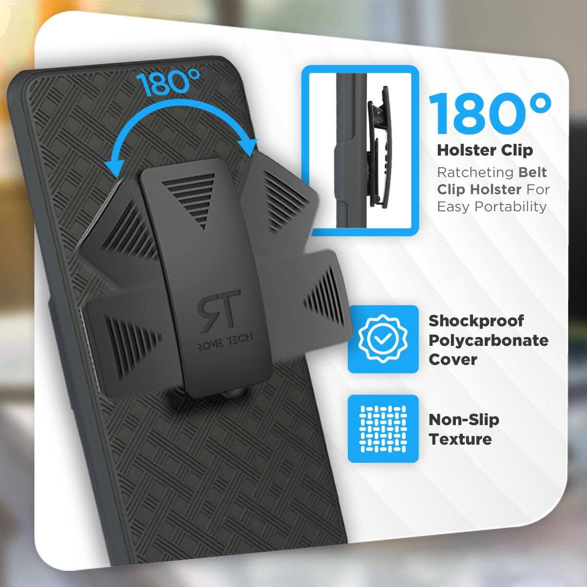 180° Holster Clip  
Ratcheting Belt Clip Holster For Easy Portability  
ROVE TECH  
Shockproof Polycarbonate Cover  
Non-Slip Texture
