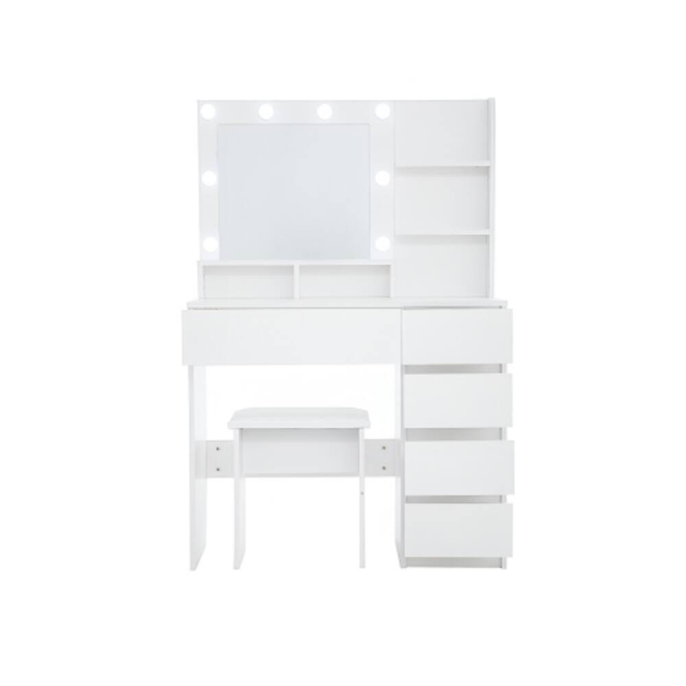 Alt View 3. LUCKY ONE - 31.5in Vanity Desk with LED Mirror, Charging Station, 10 Bulbs, Drawers, Shelves and Stool - White.