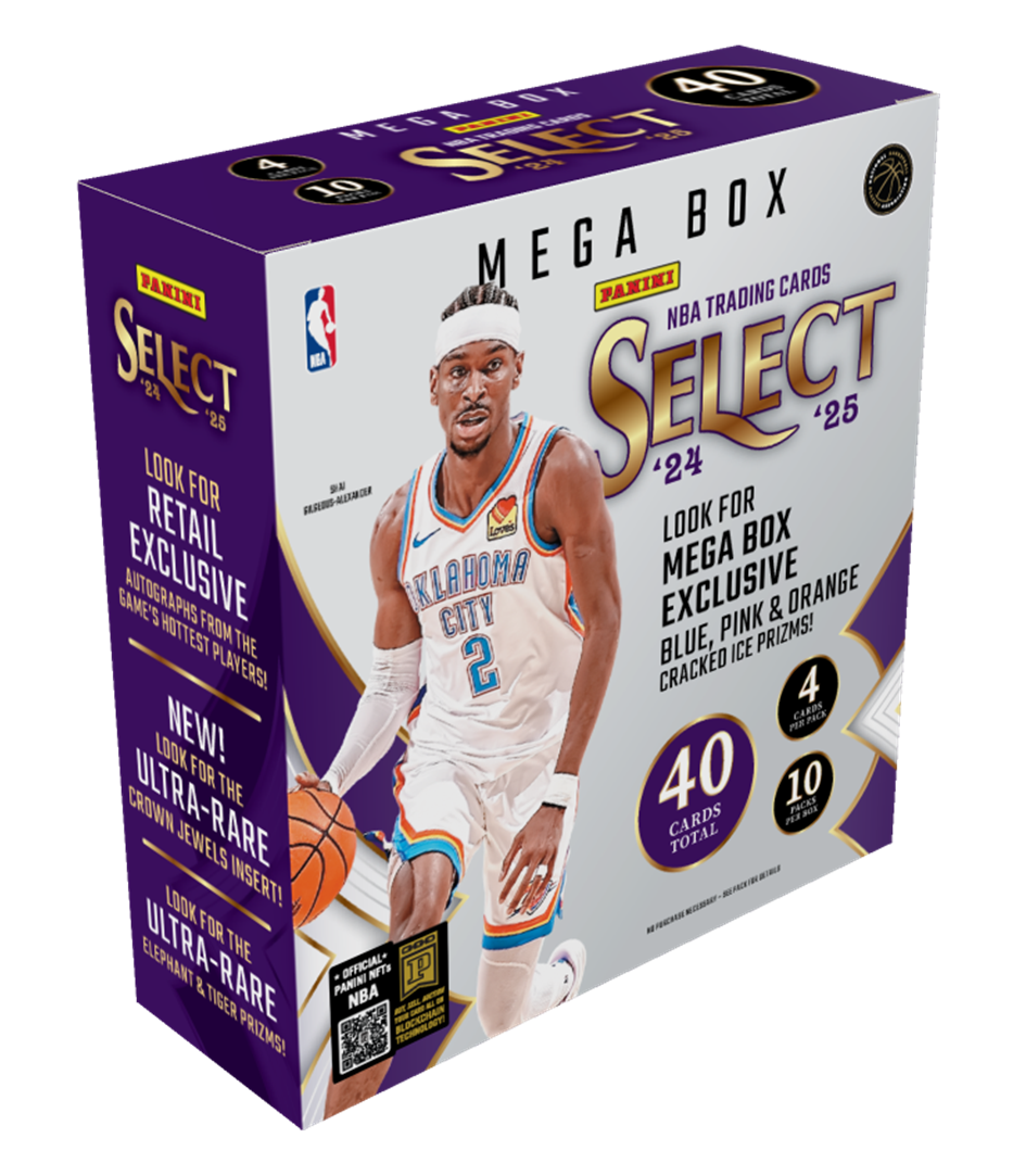 "Mega Box Select NBA Trading Cards: 40 cards per pack, including 2 autographs and 10 game-used memorabilia cards. Look for exclusive Oklahoma City Thunder cards and rare inserts such as Ultra-Rare Crown Jewels and the Official NBA Tiger Prizm cards. Plus, find 2 exclusive Pink Prizm cards in every pack! The hottest players from the NBA are featured in this exciting trading card set."