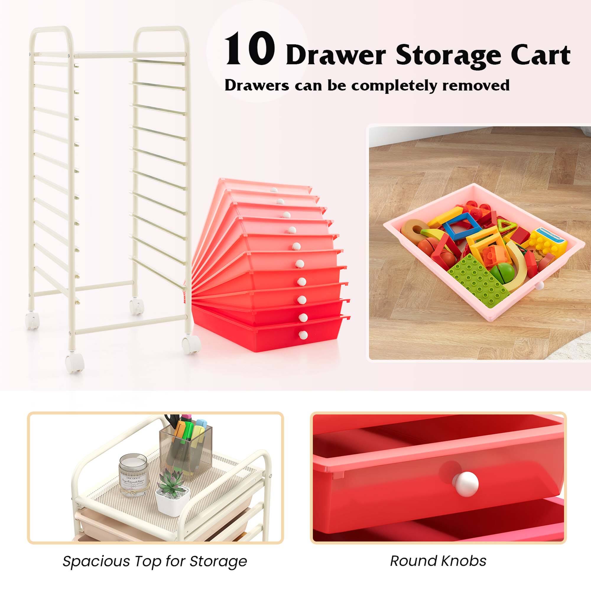 10 Drawer Storage Cart: Drawers can be completely removed, Spacious Top for Storage, Round Knobs.