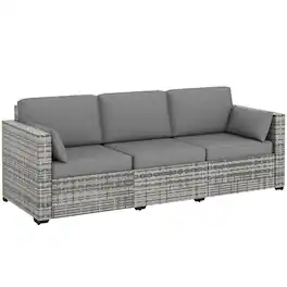 Outsunny - Patio Couch PE Wicker Deep Seating Outdoor Sofa with Removable Cushions, 3 Seater Rattan Sofa, Outdoor Furniture - Gray