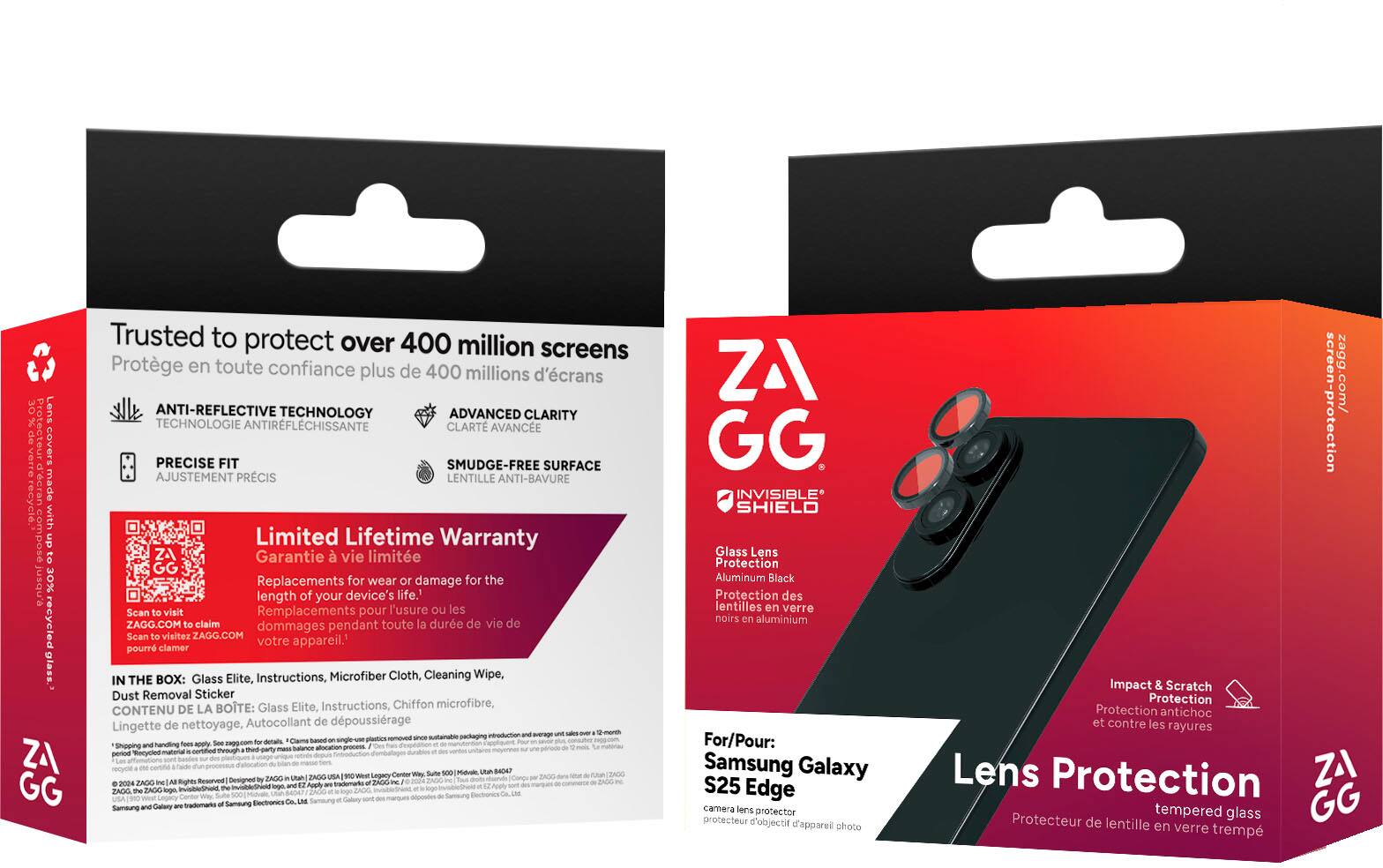 The text on the image is grouped and corrected as follows:

* Trusted to protect over 400 million screens: Protegez en toute confiance plus de 400 millions d'ecrans.
* Advanced anti-reflective technology: Technologie antirflchissante.
* Advanced clarity technology: Technologie de clarté avancée.
* Covers: Lentilles.
* Precise fit: Ajustement précis.
* Smudge-free surface: Surface sans traces.
* Made with recycled materials: Fabriqué avec des matériaux recyclés.
* Limited lifetime warranty: Garantie vie limitée jusqu'à 30% de remplacements pour l'usure ou les dommages pendant toute la durée de vie de votre appareil.
* In the box: Glass Elite, instructions, microfiber cloth, cleaning wipe, dust removal sticker.
* Designed by ZAGG: Conçu par ZAGG.
* ZAGG USA 2024: ZAGG États-Unis 2024.
* All rights reserved: Tous droits réservés.