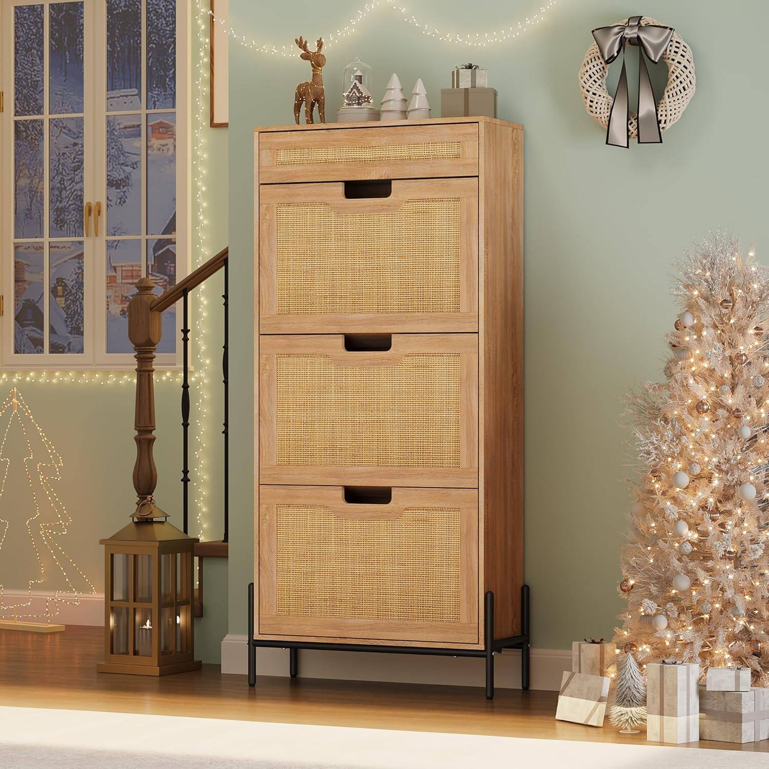 Alt View 5. Homhougo - Rattan Shoe Cabinet – Freestanding Shoe Rack with 3 Flip Doors & 1 Drawer, Adjustable Shelves, Metal Legs - Natural.