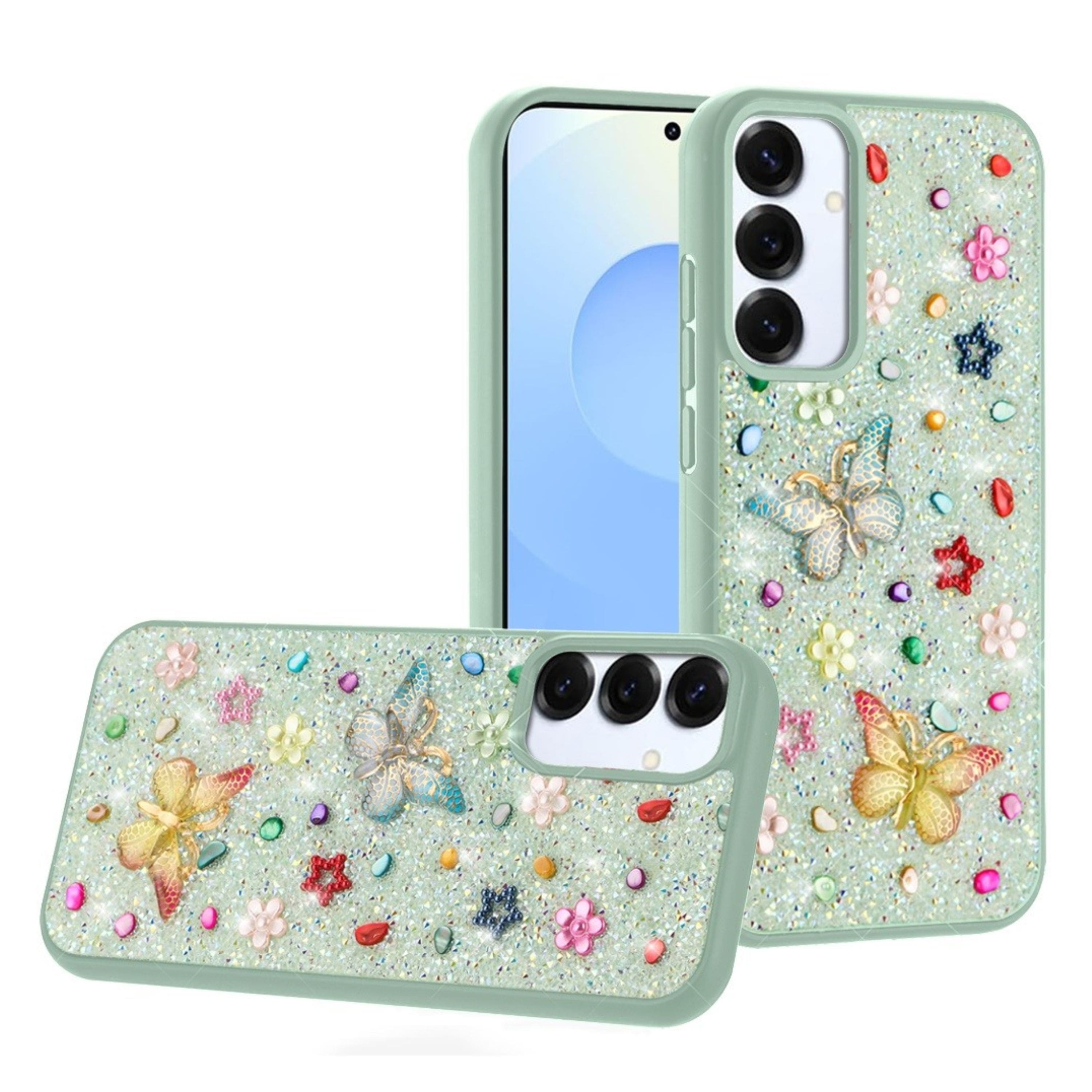Kitcheniva - Butterfly 3D Jewel Glitter Design Phone Case With Tempered Glass For Samsung Galaxy S25/S24 - Teal price history on PriceWatchPro