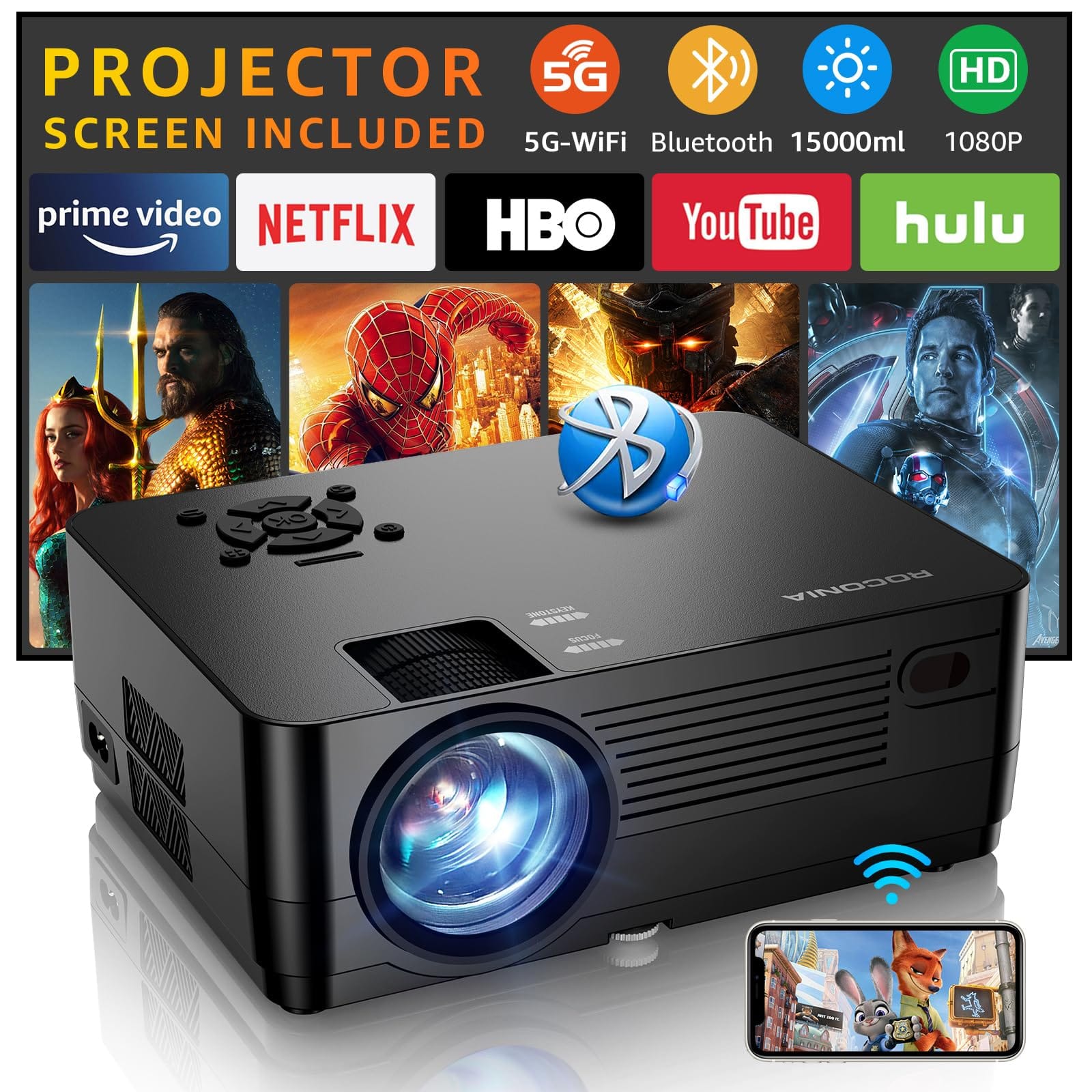 The Best Inks - Projector With 5g Wifi And Native 1080p Projector[projector Screen Included] Full Hd 18000lm Movie 100" Display Home - Default