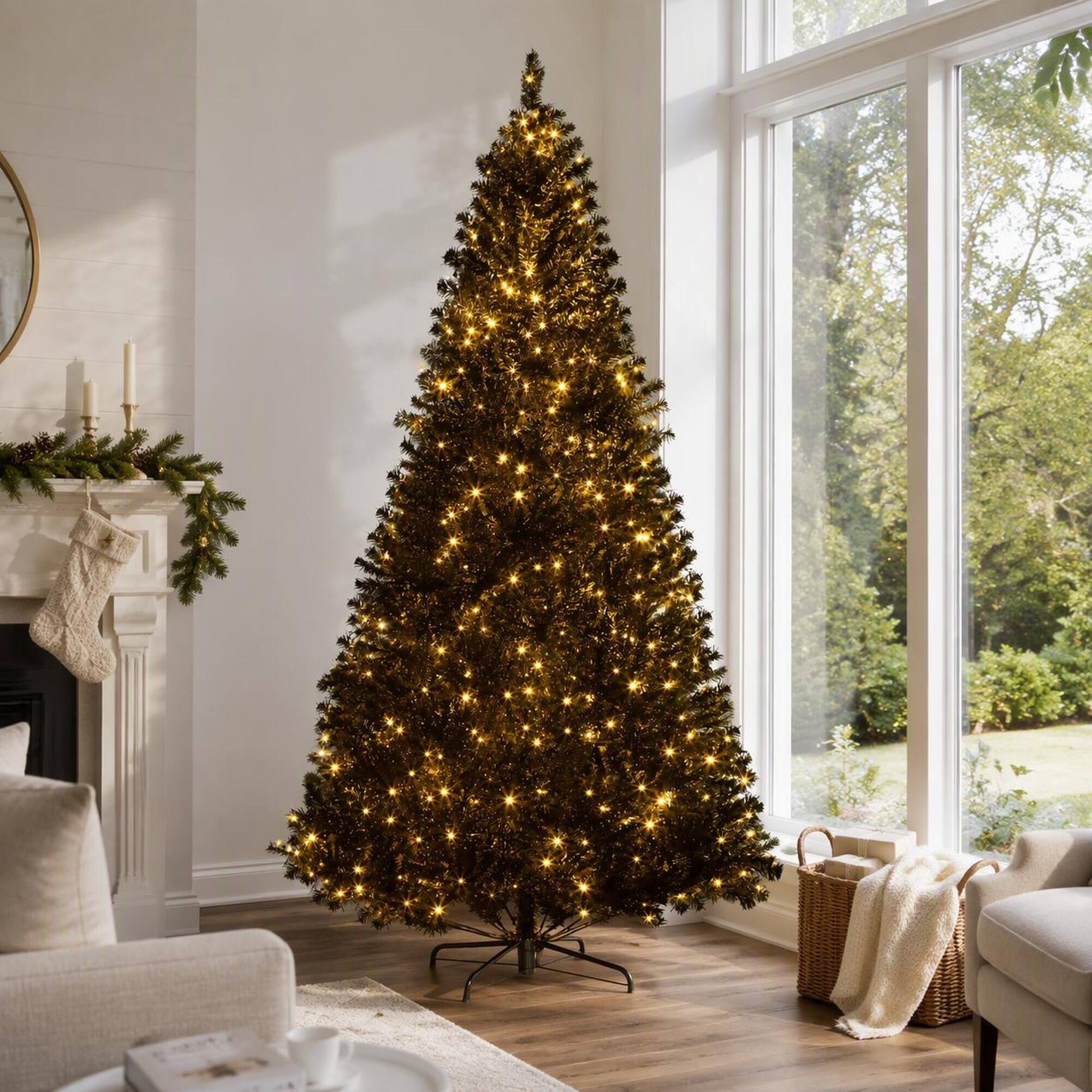 Back. RYHNUYNE - 7.5 FT Tall Pre-Lit Artificial Christmas Tree, Realistic Branches Hinged Design Easy Assembly Warm Holiday Home Decor - Black.