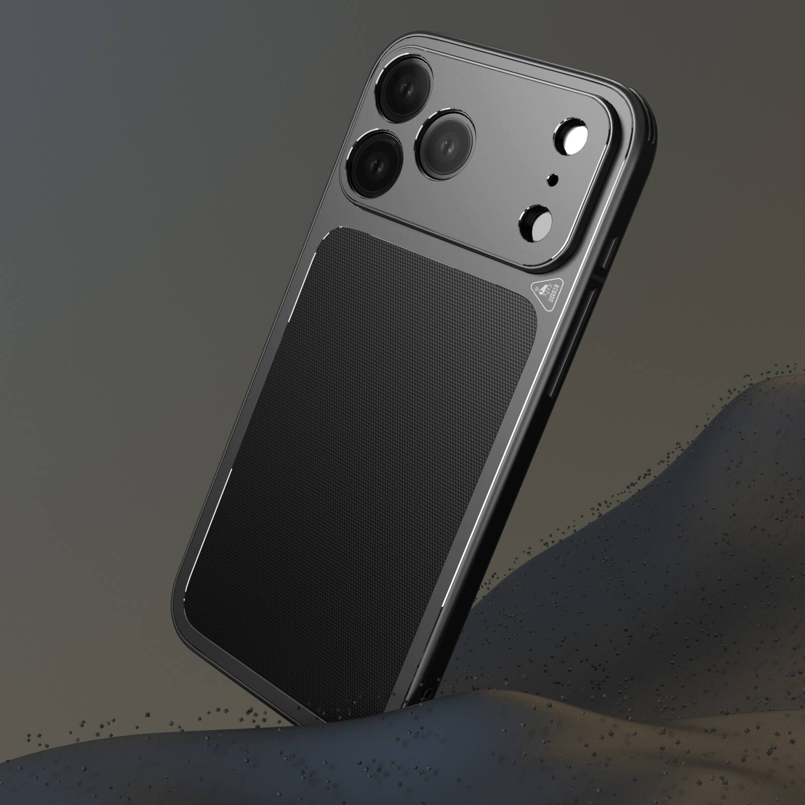 Left. Dteck - Ultra-Thin PU Leather Texture Case for Apple iPhone 17 Pro Max, Metal Rugged Protective Cover, Precision Camera Cutouts - Black.