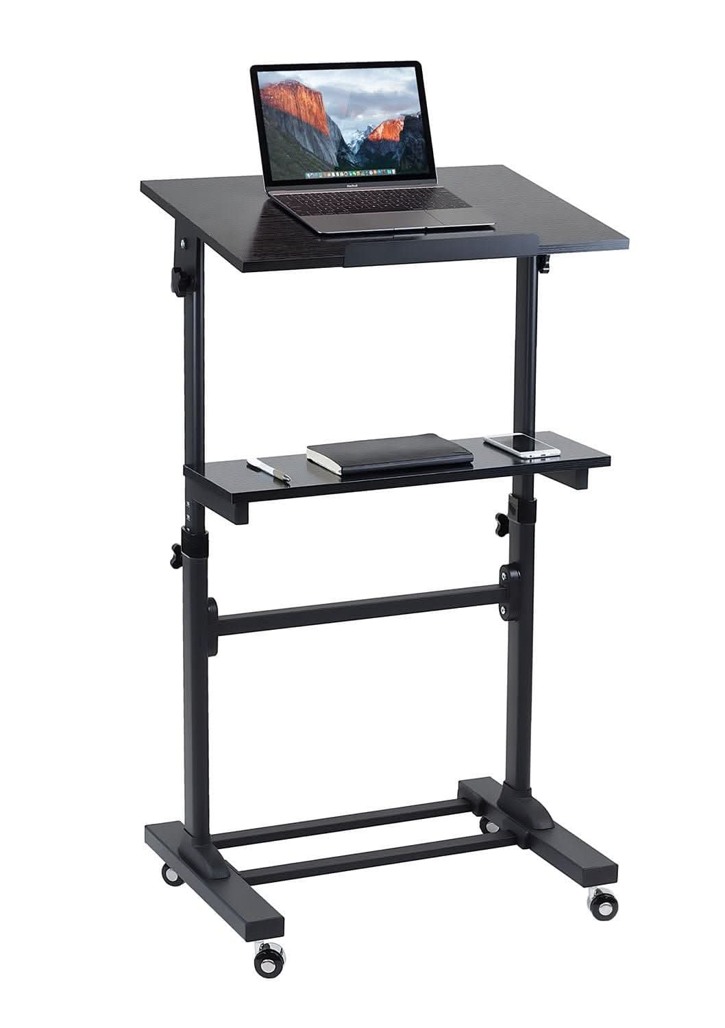 Angle. Mount-It! - Mobile Stand-Up Desk With Adjustable Height, Tilt Platform & Extra Shelf for Workstation or Presentation Use - Black.