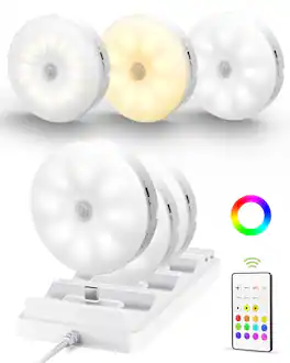 EZVALO - Puck Light Wireless Motion Sensor with Remote-RGB-6 PackCharging Base - White