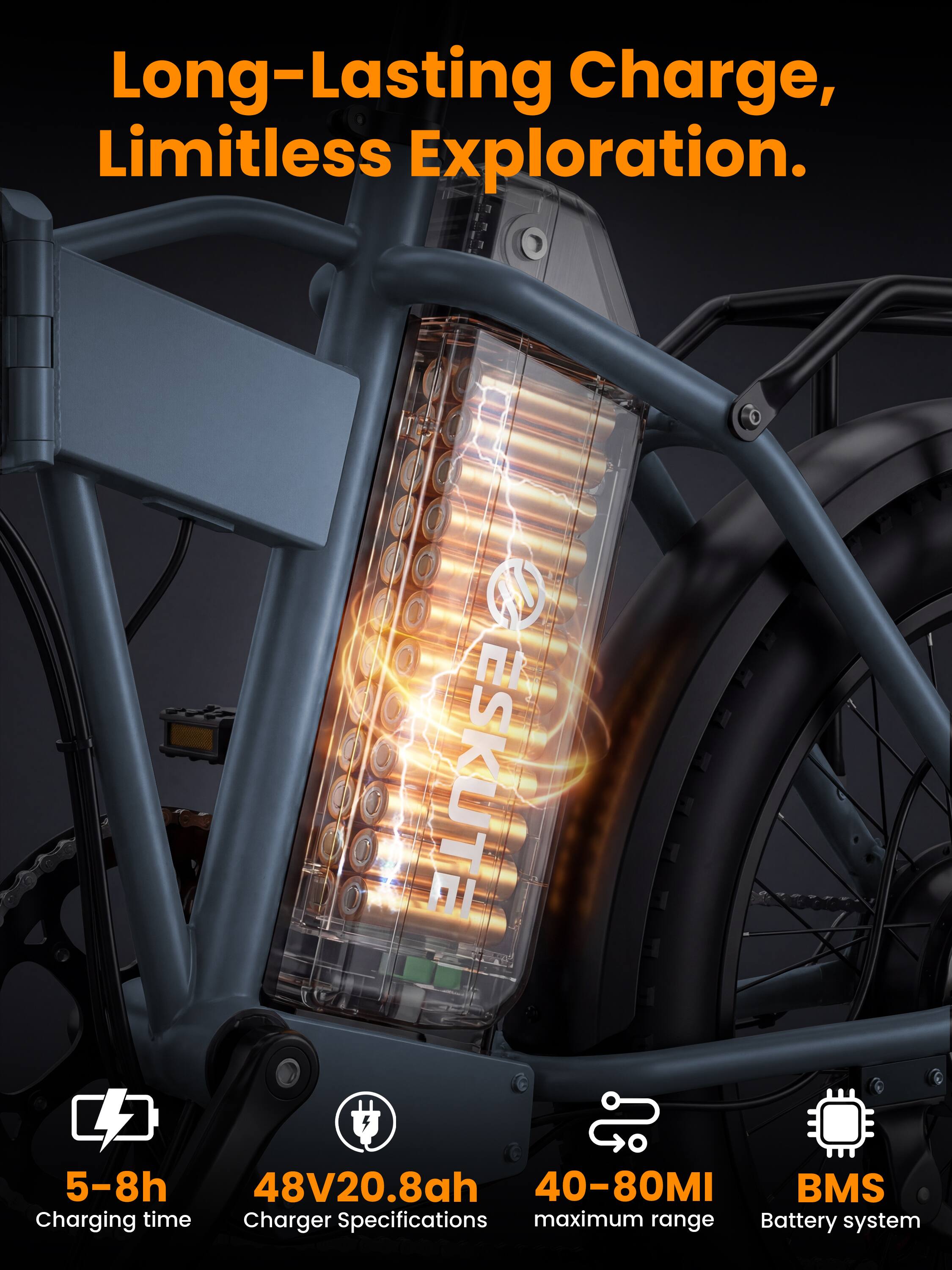 Long-Lasting Charge, Limitless Exploration.

ESKUTE

5-8h Charging time  
48V20.8ah Charger Specifications  
40-80MI maximum range  
BMS Battery system