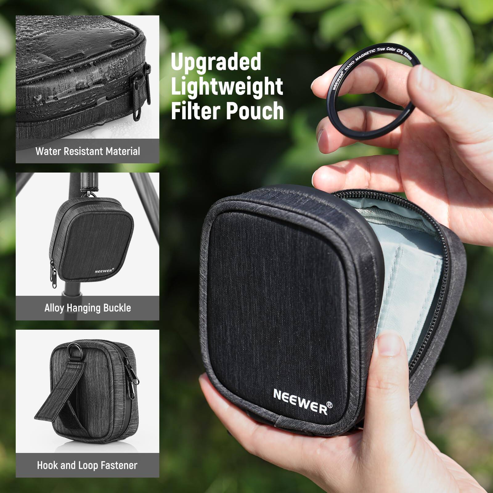 Upgraded Lightweight Filter Pouch

- Water Resistant Material
- Alloy Hanging Buckle
- Hook and Loop Fastener