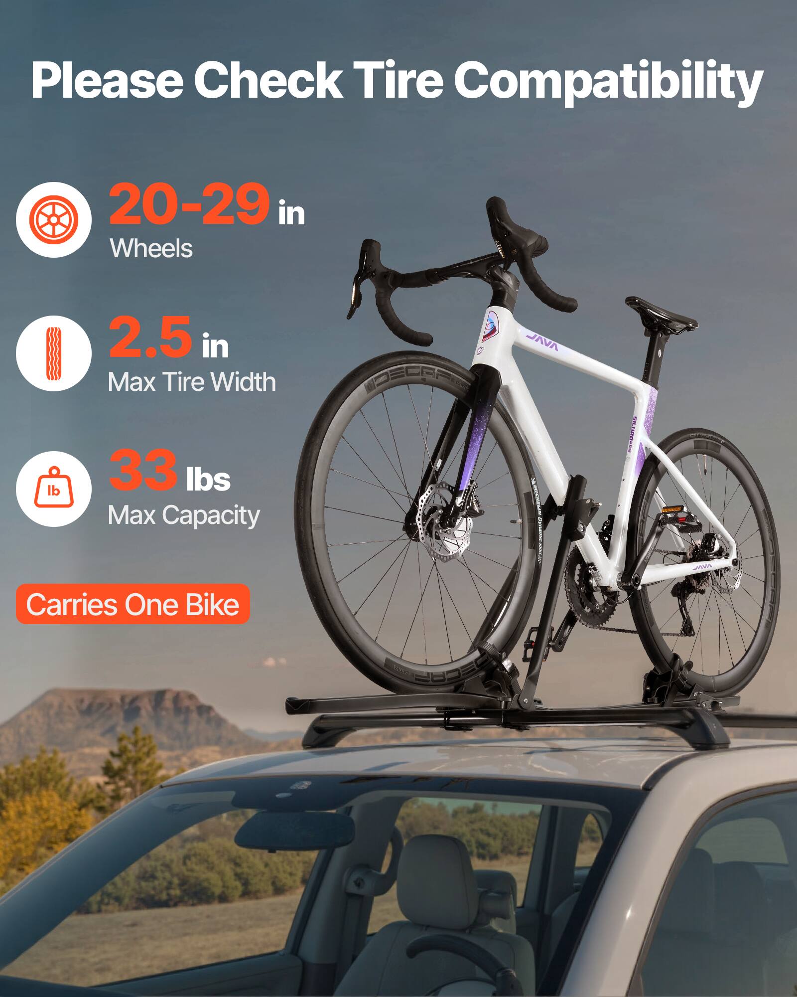 Please Check Tire Compatibility, 20-29 in Wheels, 2.5 in Max Tire Width, 33 lbs Max Capacity, Carries One Bike