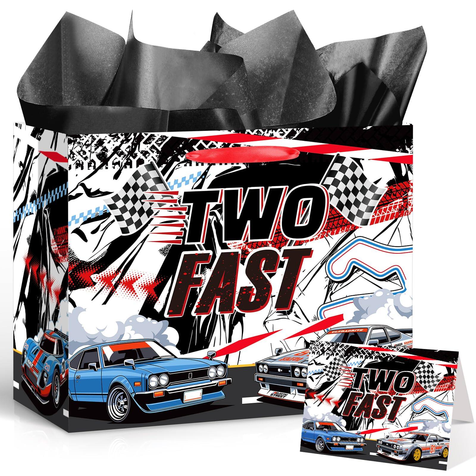 Paradigms Interiors - Race Car Gift Bag Fast One 1st Birthday For Hot Party Favor Bags With Tissue Paper Greeting Card Racing Goo - Two Fast