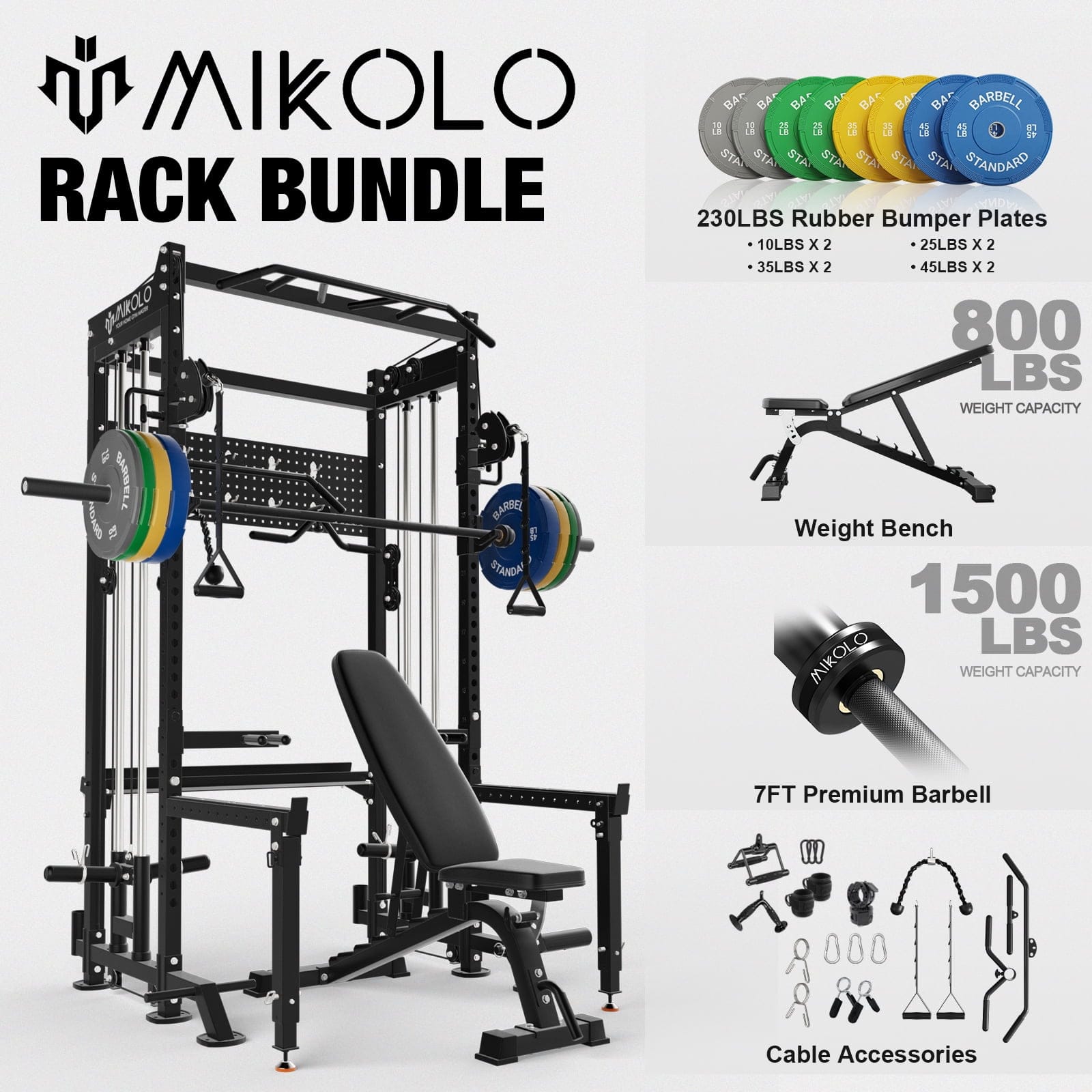 Mikolo - Power Rack, 2000LB Capacity Power Cage,Squat Rack With Weight Bench, Barbell ,230LBS Weights - Black
