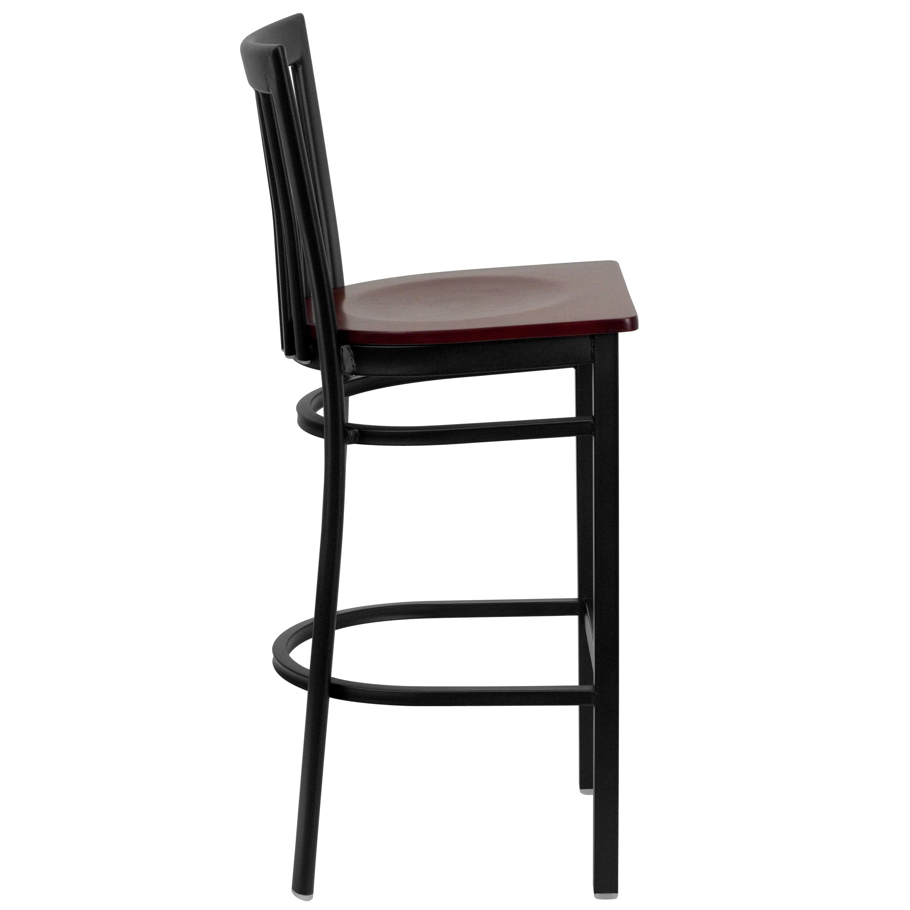 Alt View 4. Emma + Oliver - School House Back Metal Restaurant Dining Barstool - Mahogany Wood Seat/Black Metal Frame.