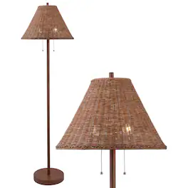 Jonathan Y - Nando 61" 2-Light Coastal Bohemian Iron/Rattan LED Floor Lamp with Pull-Chain - Dark Brown Wood Finish