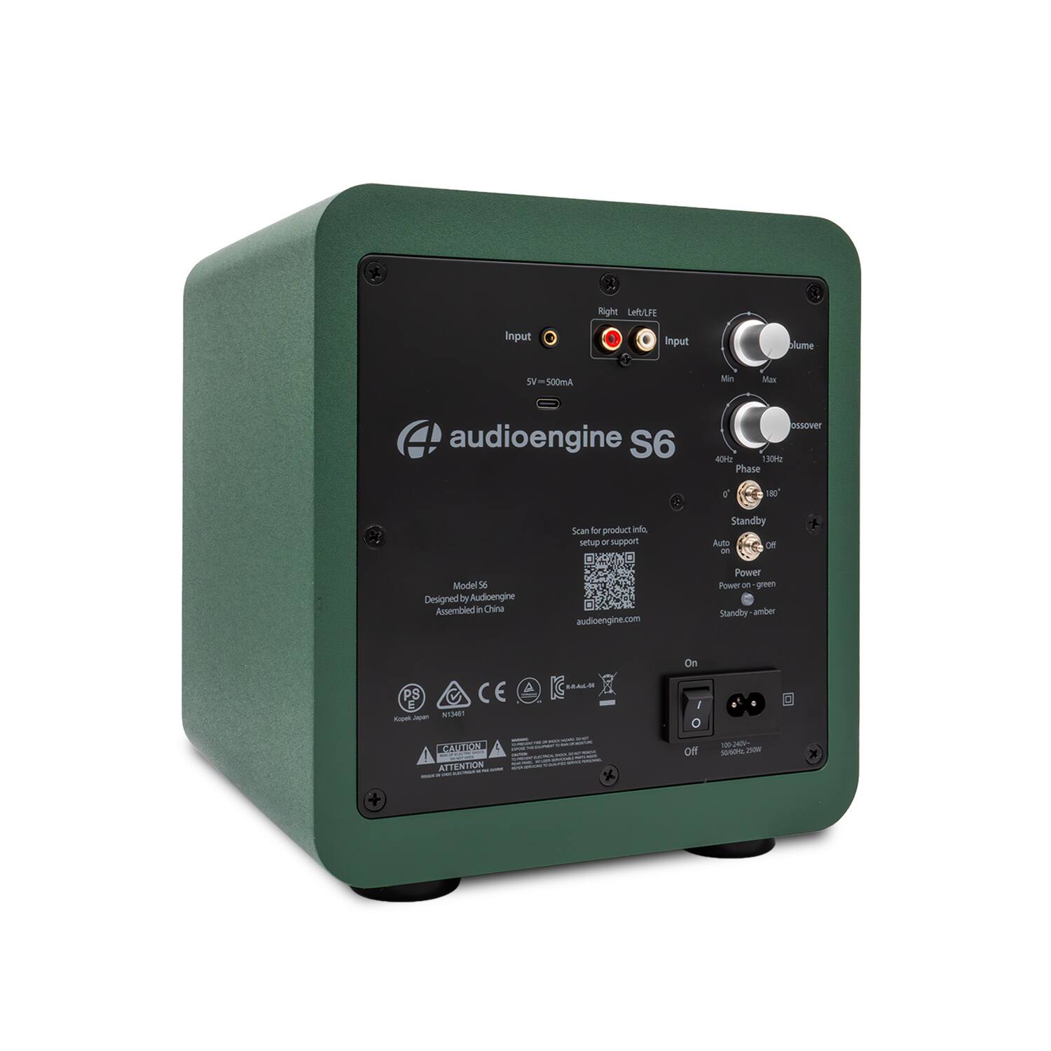 Right Left LFE Input Input  
Volume  
Mute  
Max  
Overshoot  
Phase 0° 180°  
Scan for product info, support  
Standby Auto Off  
Model S6  
Designed by Audioengine  
Assembled in China  
audioengine.com  
Power - green  
Standby - amber  
PS - NTS  
CE  
BRA  
CAUTION  
ATTENTION  
Input: 5V → 500mA  
40kHz 130Hz  
On  
Off  
100-240V~ 50/60Hz  
200W max  
200W max