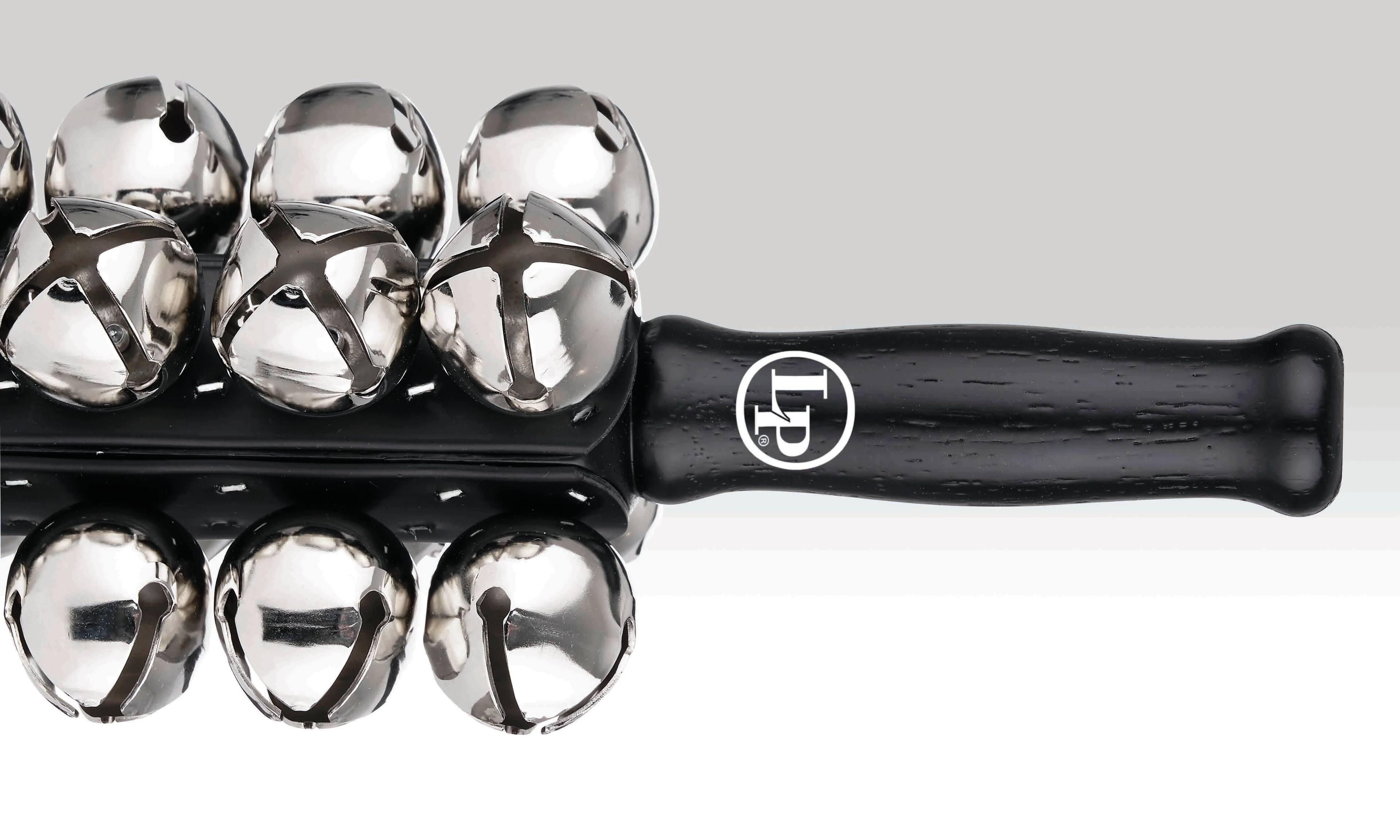 Left. Latin Percussion - 24 Sleigh Bells with Wood Handle and Silicone Base Percussion Instrument for Musical Performances and Holiday Sound.