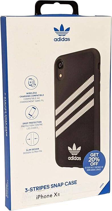 adidas  
3-STRIPES SNAP CASE  
WIRELESS CHARGING COMPATIBLE  
CHARGEMENT SANS FIL  
DROP PROTECTION  
PROTECTION CONTRE LES CHOCS  
SLIM DESIGN  
DESIGN ULTRA-FIN  

GET 20% OFF ON YOUR NEXT PURCHASE ON LADIDAS.COM  

iPhone XR