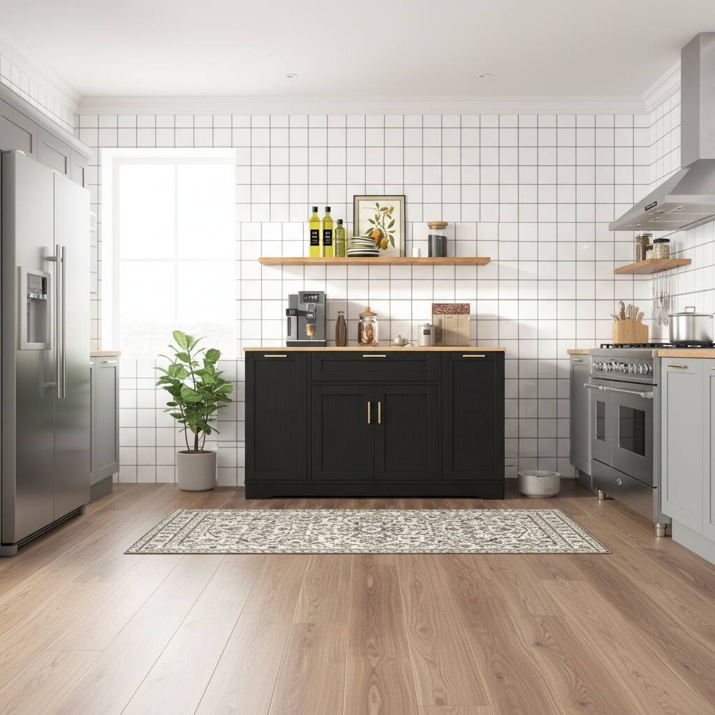 Left. Forest'nSky - Multi-Functional Kitchen Island, Extendable Dining Table with Storage Shelves & Pull-Out Rack, Black - Black.