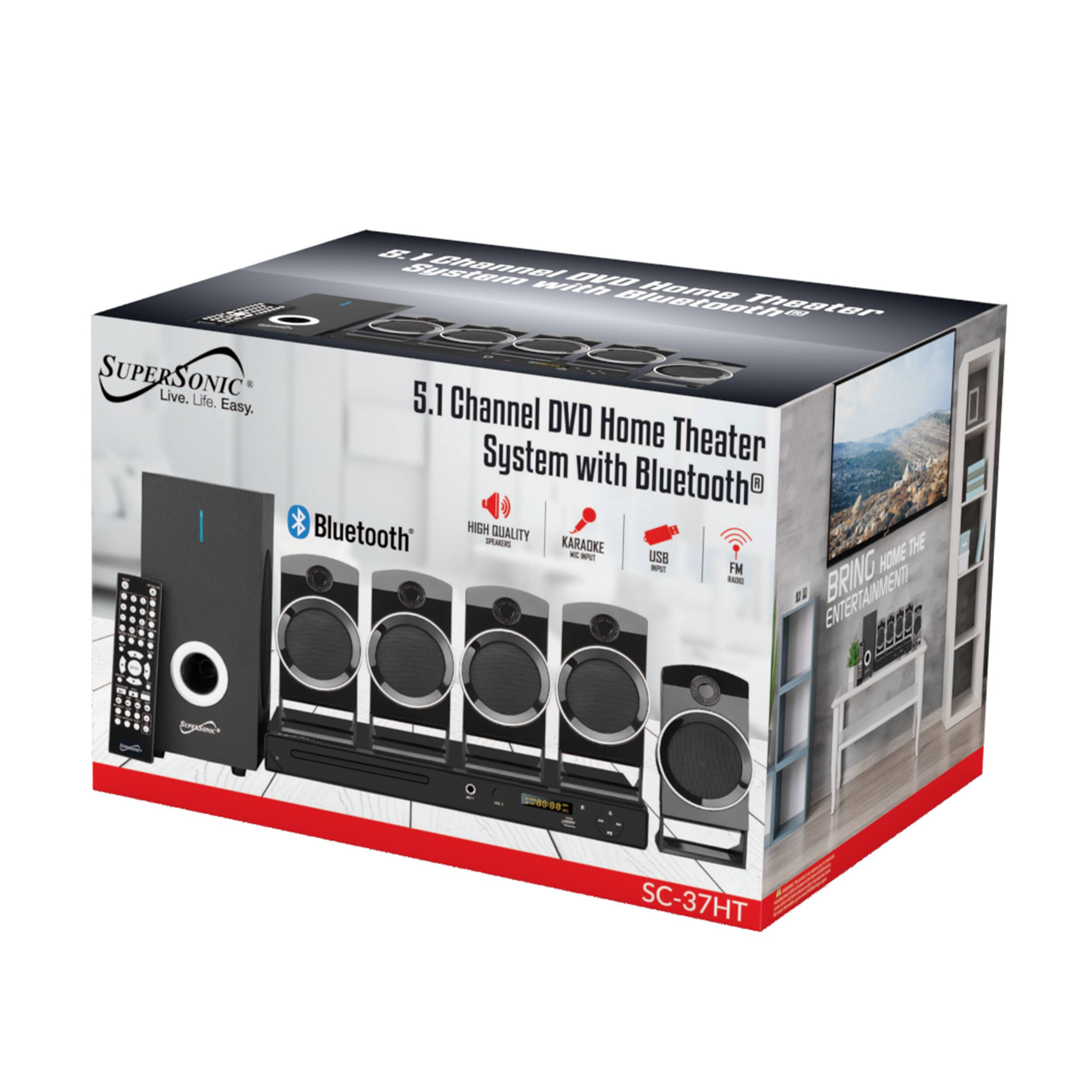 4 / E DV WI Hiom10 EL Biuretanthy Theatar I SUPERS ONIC 5.1 Channel DVD Home System Theater with Bluetooth R I Bluetooth HIGH - QUALITY KARAOKE - - USs THE - FM HOME - BRING ENTERTANMENT SC-37HT