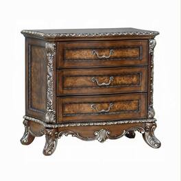 Manhattan Lane - Vany Nightstand, Traditional Floral Trim, 3 Drawers - Brown, Silver