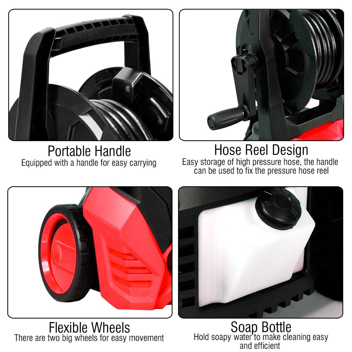 - Portable Handle  
  Equipped with a handle for easy carrying

- Hose Reel Design  
  Easy storage of high pressure hose, the handle can be used to fix the pressure hose reel

- Flexible Wheels  
  There are two big wheels for easy movement

- Soap Bottle  
  Hold soapy water to make cleaning easy and efficient