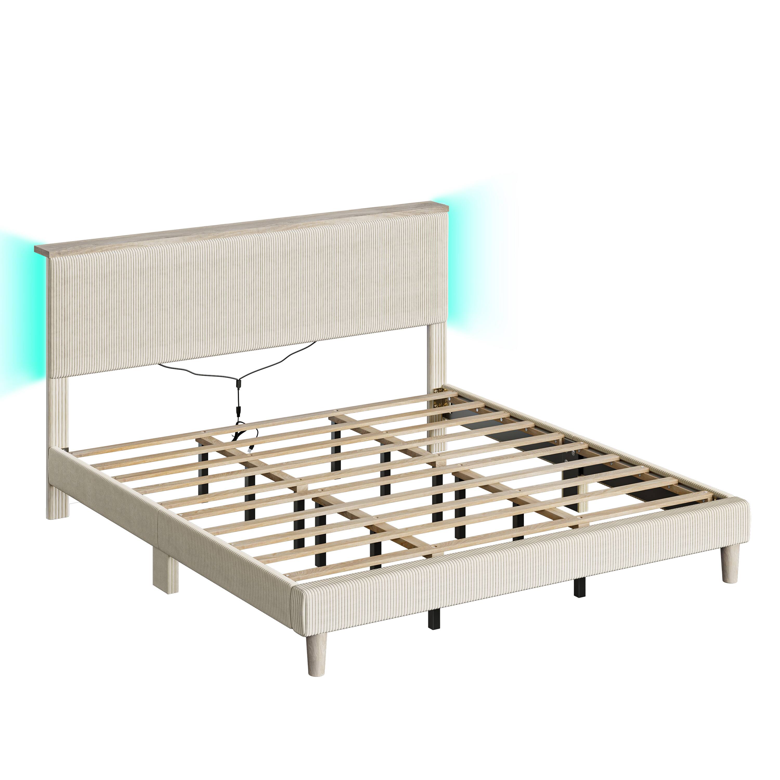 Left. Bestier - King Size Upholstered Platform Bed Frame with LED Lighting and Adjustable Storage Headboard for Bedroom - Beige.